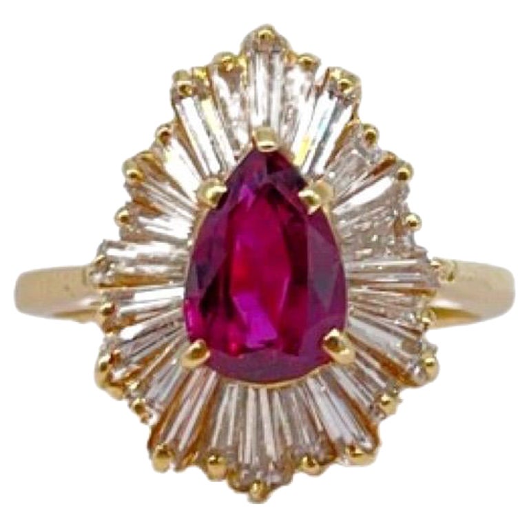 Ruby with Diamond Baguette Halo Ring Approximately 1.4ct For Sale