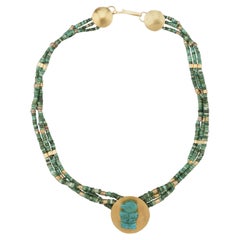 Ancien collier ras du cou Tairona à plusieurs rangs en or 18 carats avec disques en forme d'aigle et turquoise