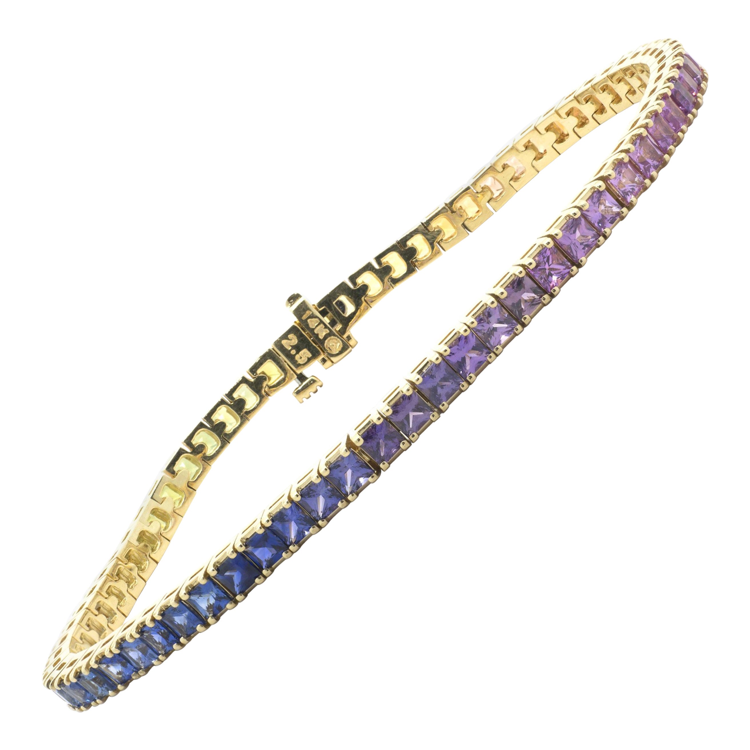 14 Karat Yellow Gold Rainbow Sapphire Tennis Bracelet For Sale