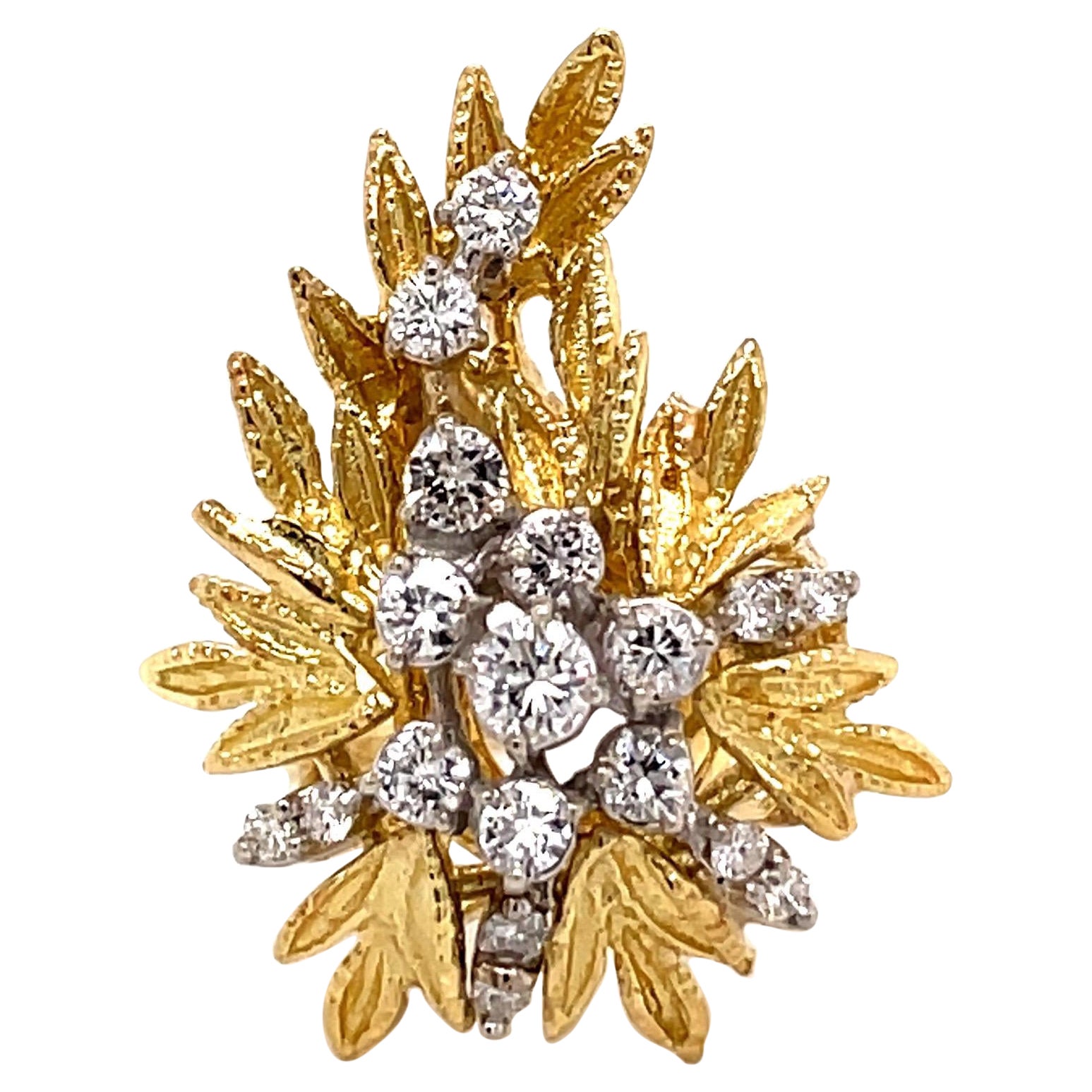 Vintage 18K Yellow Gold Diamond Leaf Ring 1.00ct For Sale
