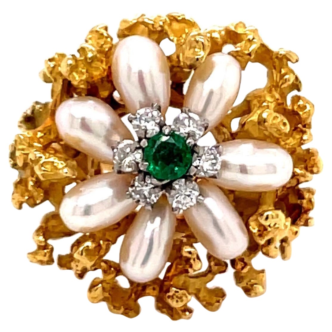 Vintage 18K Yellow Gold Emerald, Pearl and Diamond Flower Ring For Sale
