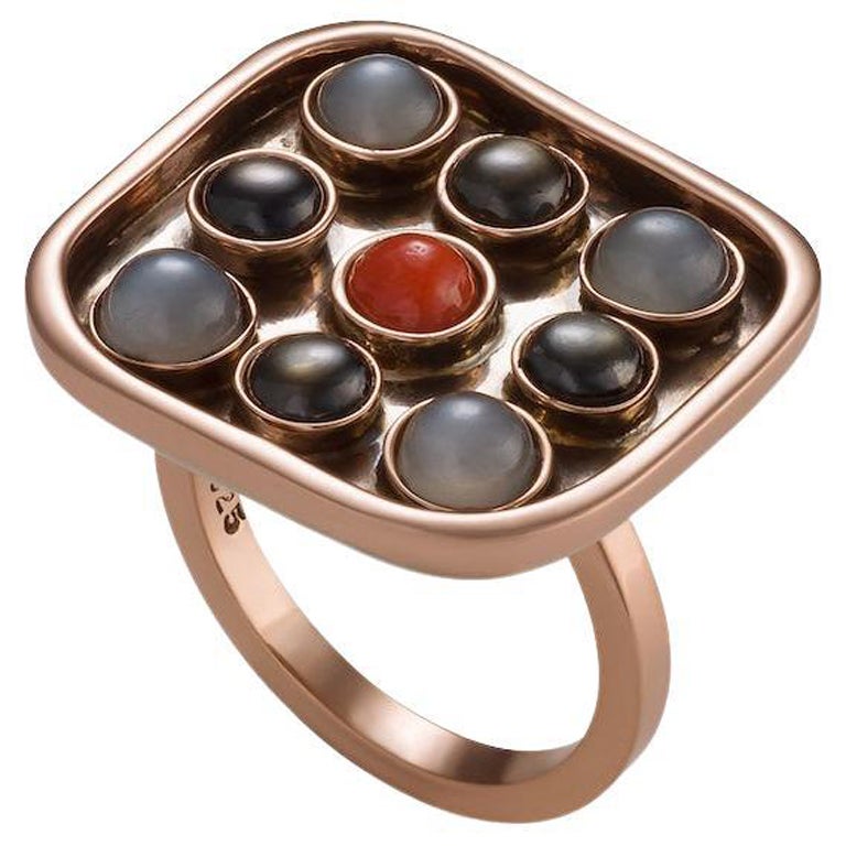 14K "Panic Button" Ring with Black Sapphire, Gray Moonstone, and Coral Cabochons