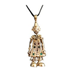 Vintage 9 Karat Yellow Gold Clown Pendant, Articulated Gemstone Pendant, 1990s