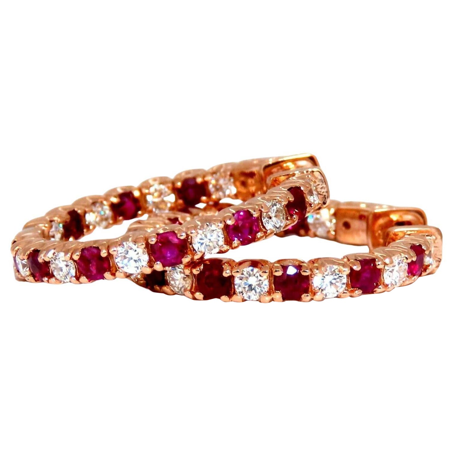 Créoles en or rose 14 carats avec diamants et rubis naturel de 3,45 carats, intérieur et extérieur
