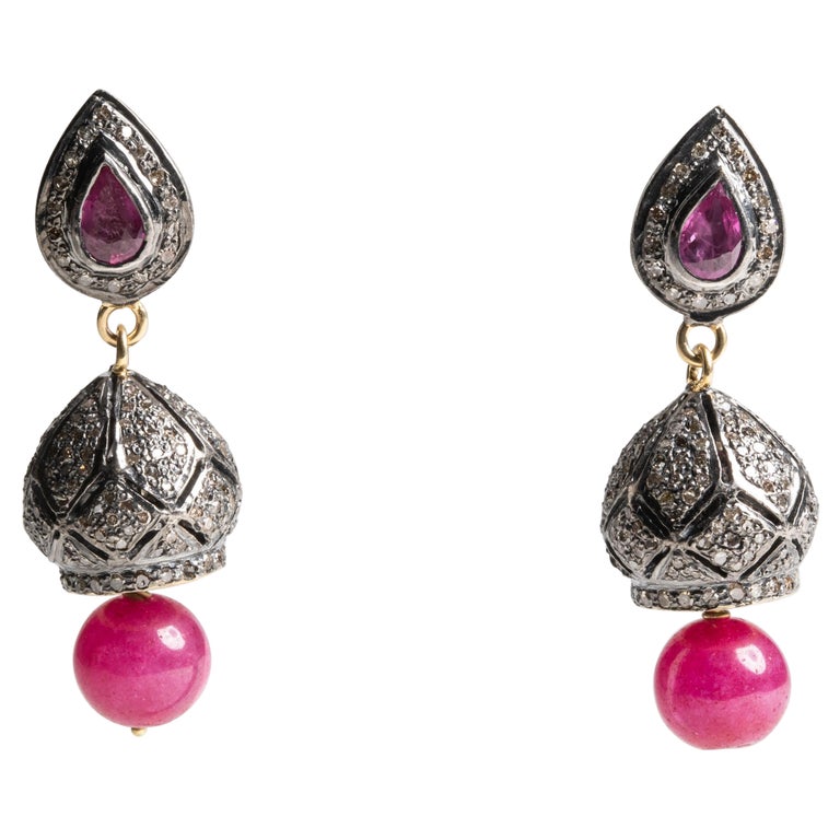 Ruby and Diamond Drop Earrings For Sale