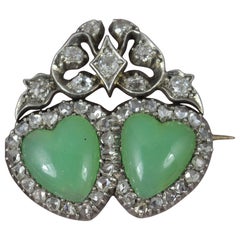 Stunning Victorian 15ct Gold Old Cut Diamond and Chrysoprase Double Heart Brooch
