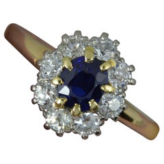 18ct Gold and Platinum Blue Sapphire & 0.65ct Old Cut Diamond Cluster Ring