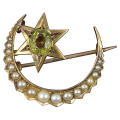 Large Victorian 15ct Gold Chrysoberyl and Seed Pearl Crescent Brooch