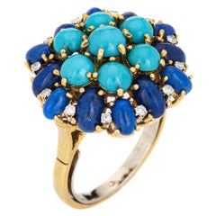 Vintage Lapis Lazuli Turquoise Ring Diamond 18k Yellow Gold Cluster Jewelry