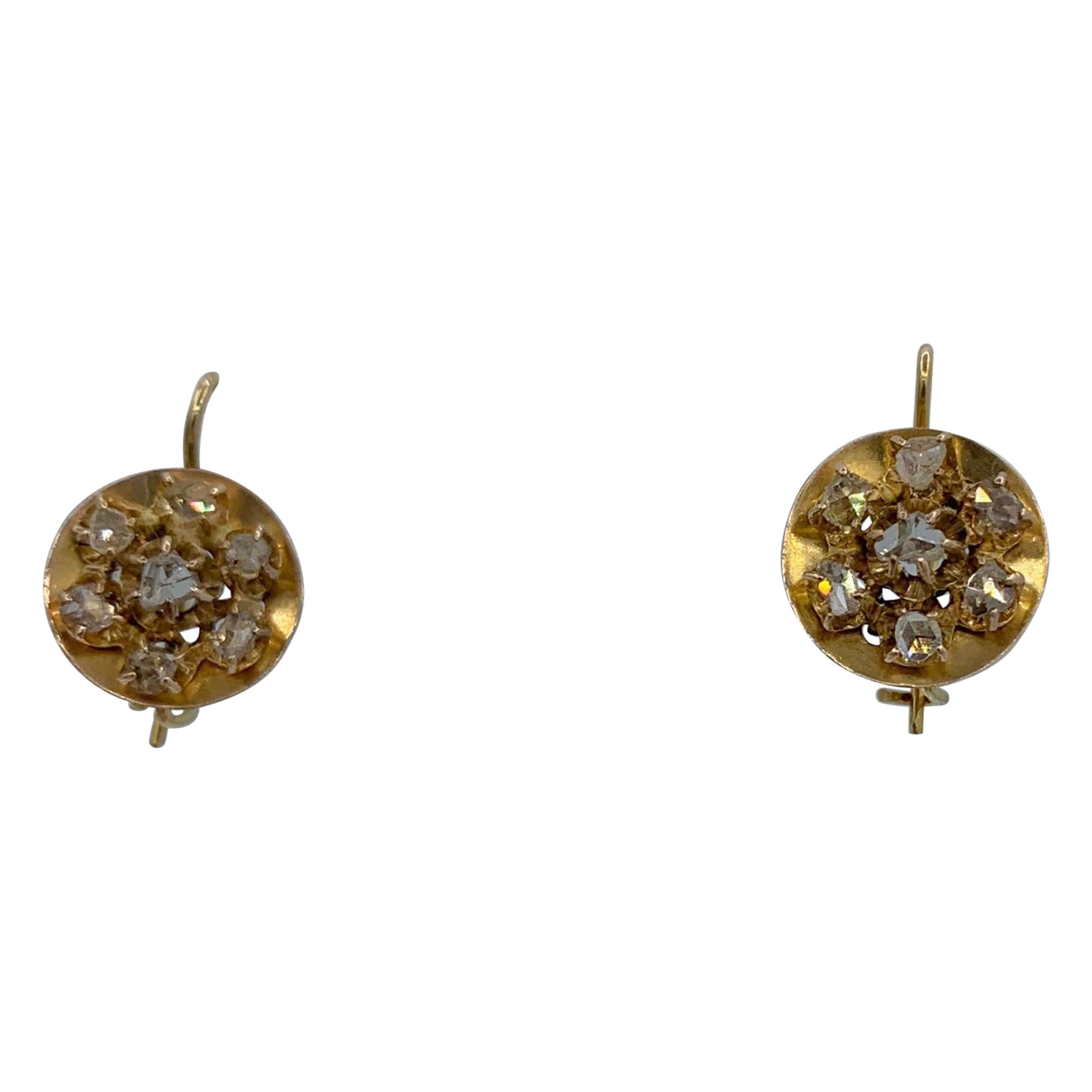 Antique Rose Cut Diamond Dangle Drop Earrings 14 Karat Gold For Sale