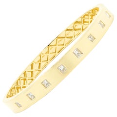 18 Karat Yellow Gold Princess Cut Diamond Station Bangle Bracelet 
