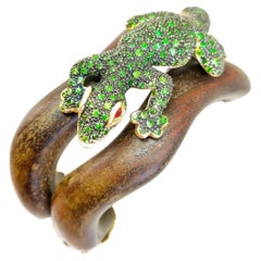 Tsavorite & Ruby Lizard Cuff Bracelet Sterling Gold Black Rhodium & Wood