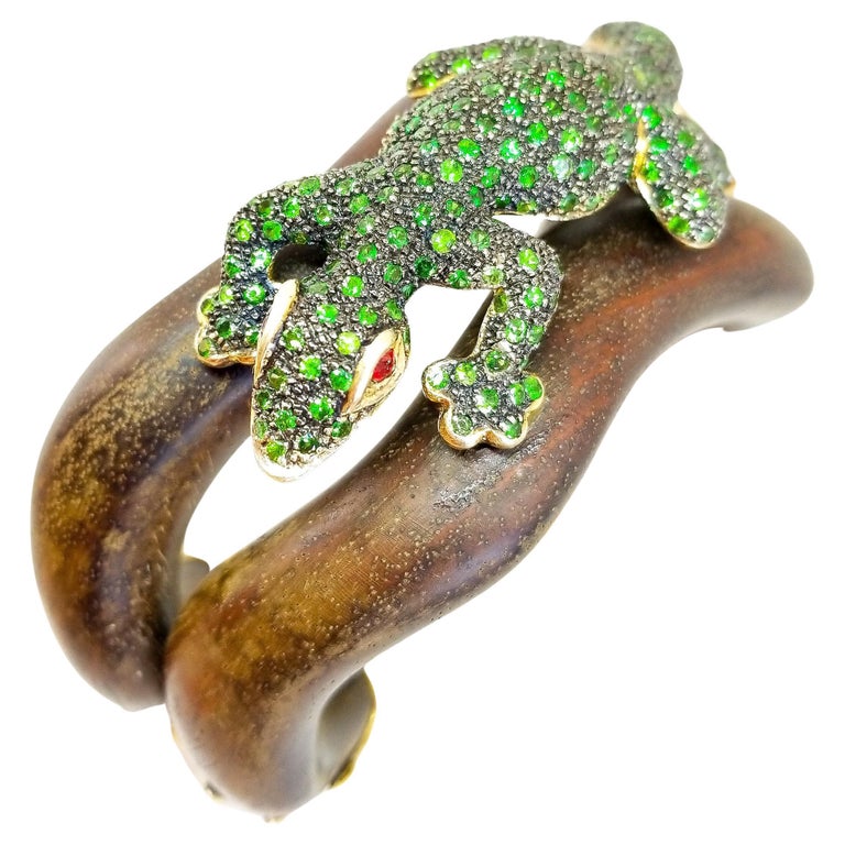 Tsavorite and Ruby Lizard Cuff Bracelet Sterling Gold Black Rhodium and ...