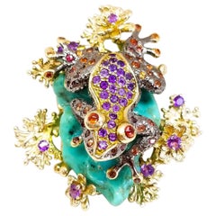 Gem Encrusted Frog Ring Sapphire Amethyst Turquoise Sterling & Gold 