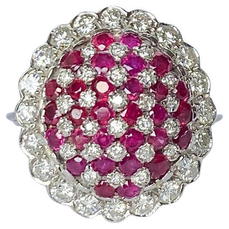 Vintage Ruby and Diamond 18 Carat White Gold Bombe Ring For Sale