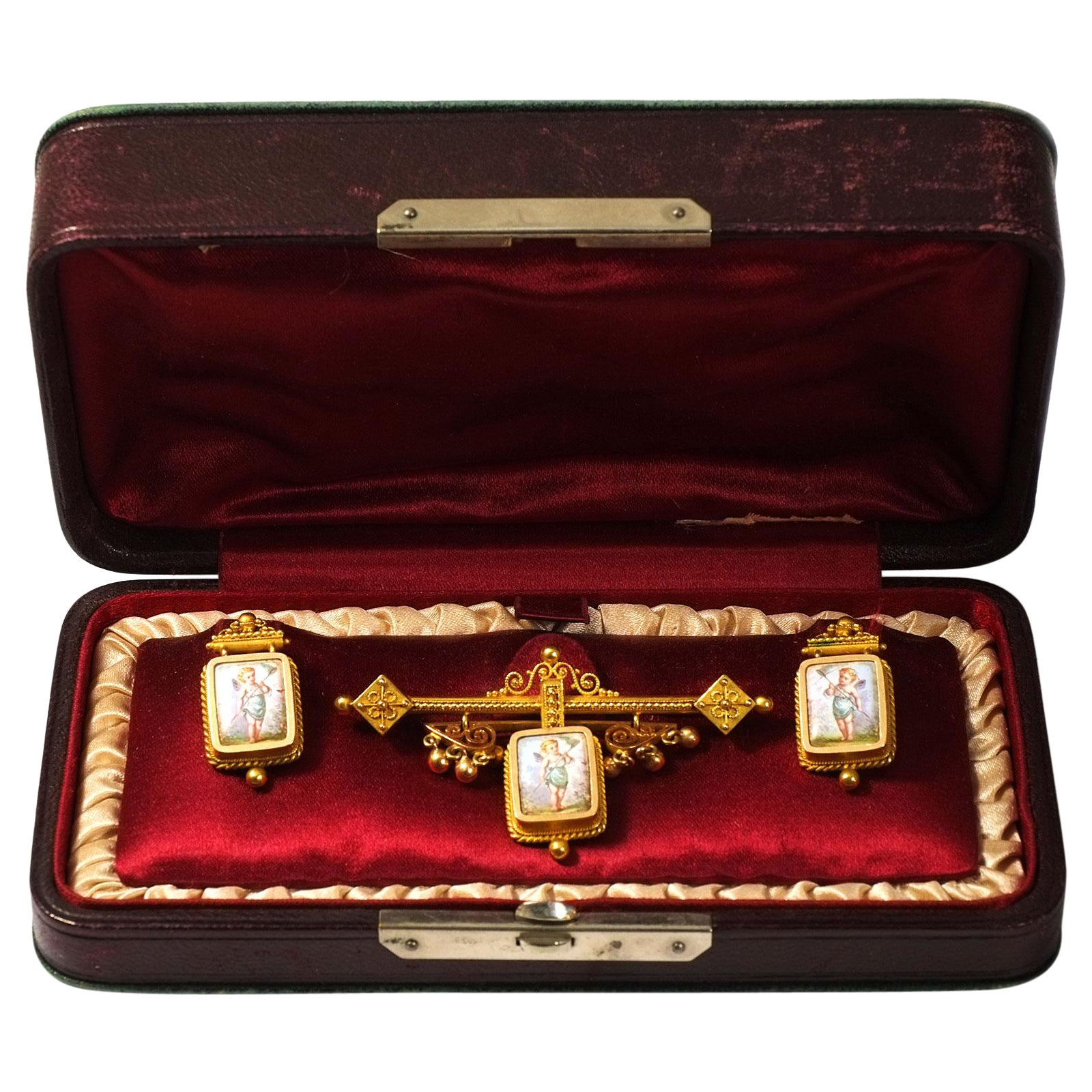 Swiss Gold Demi Parure Earrings and Brooch with Miniature Painting, circa 1870