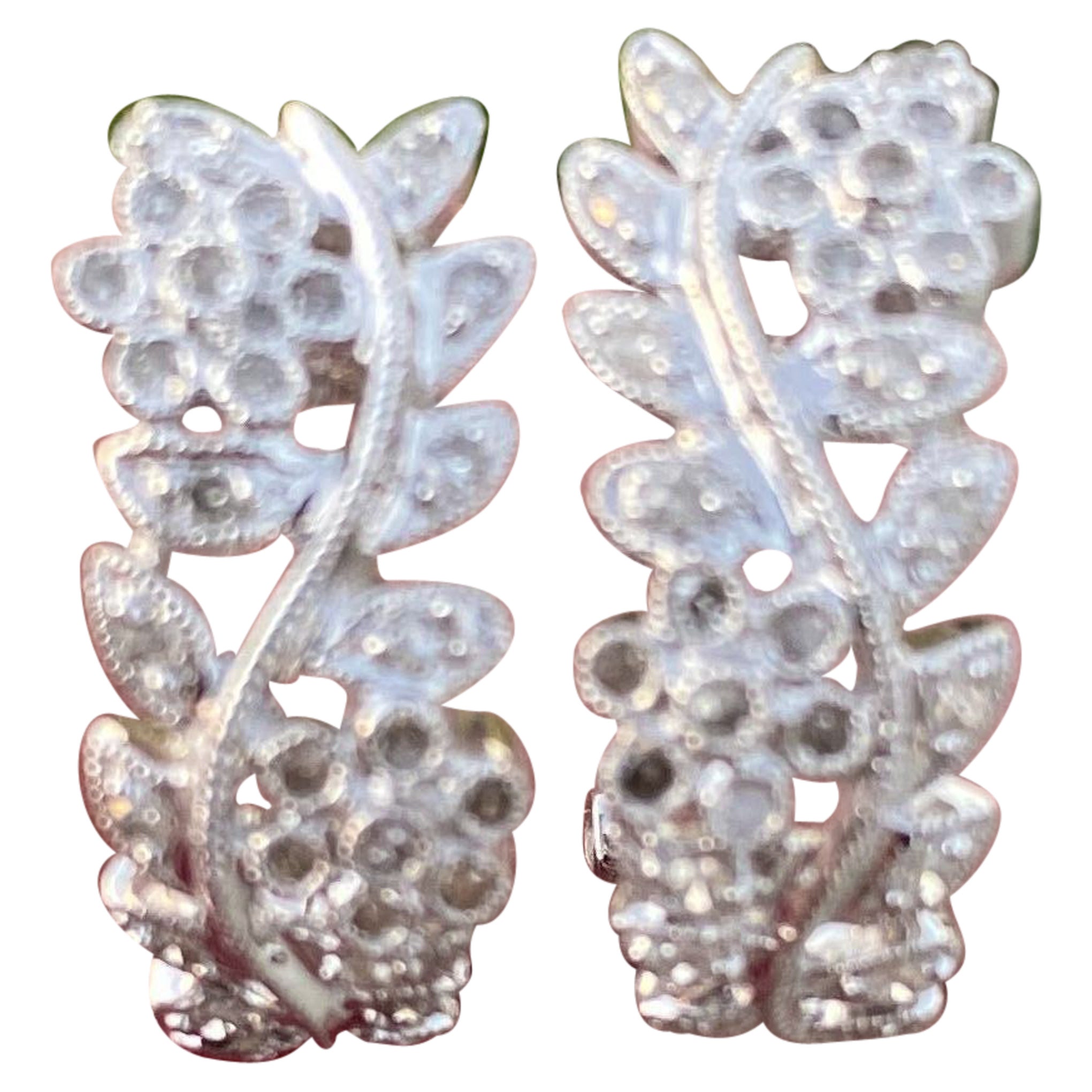 1/2 Carat Diamond Huggie Earrings 14 Karat White, Milgrain Detail Leaf Styled For Sale