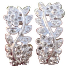 1/2 Carat Diamond Huggie Earrings 14 Karat White, Milgrain Detail Leaf Styled