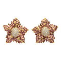 French 18 Karat Gold, Ruby and Diamond Flower Ear Clips