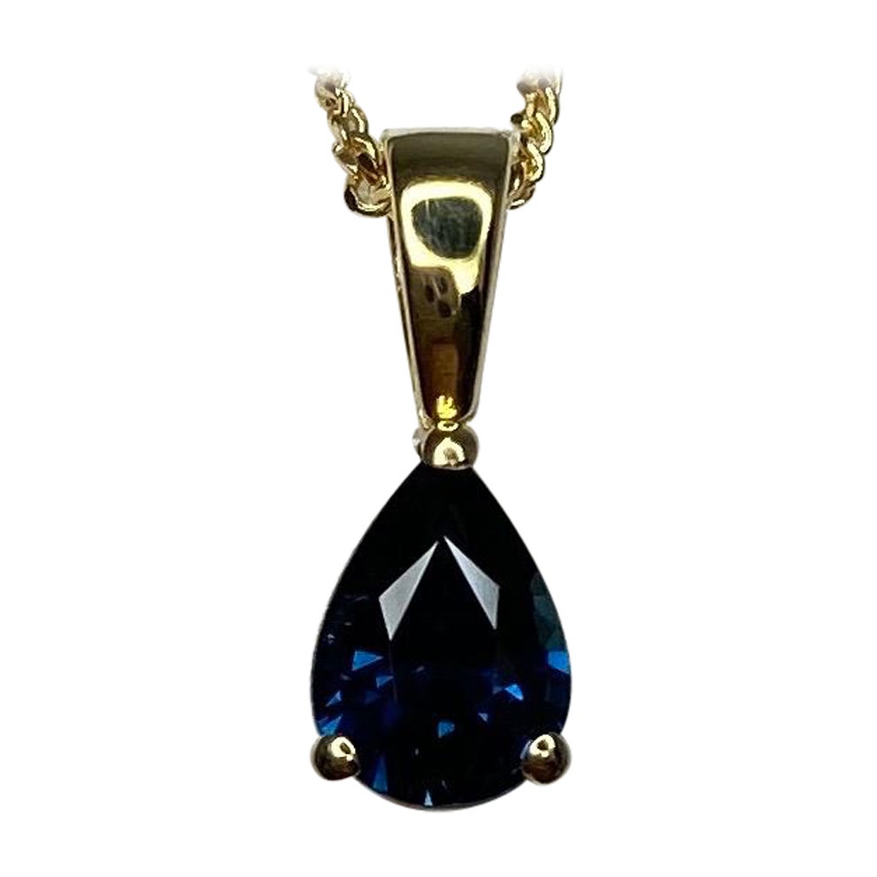 IGI Certified Untreated Deep Blue Sapphire Pear Teardrop 18k Yellow Gold Pendant