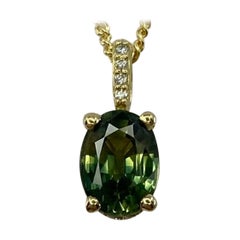 Natural VIVID Green Australia Sapphire 18k Yellow Gold Oval Cut Diamond Pendant