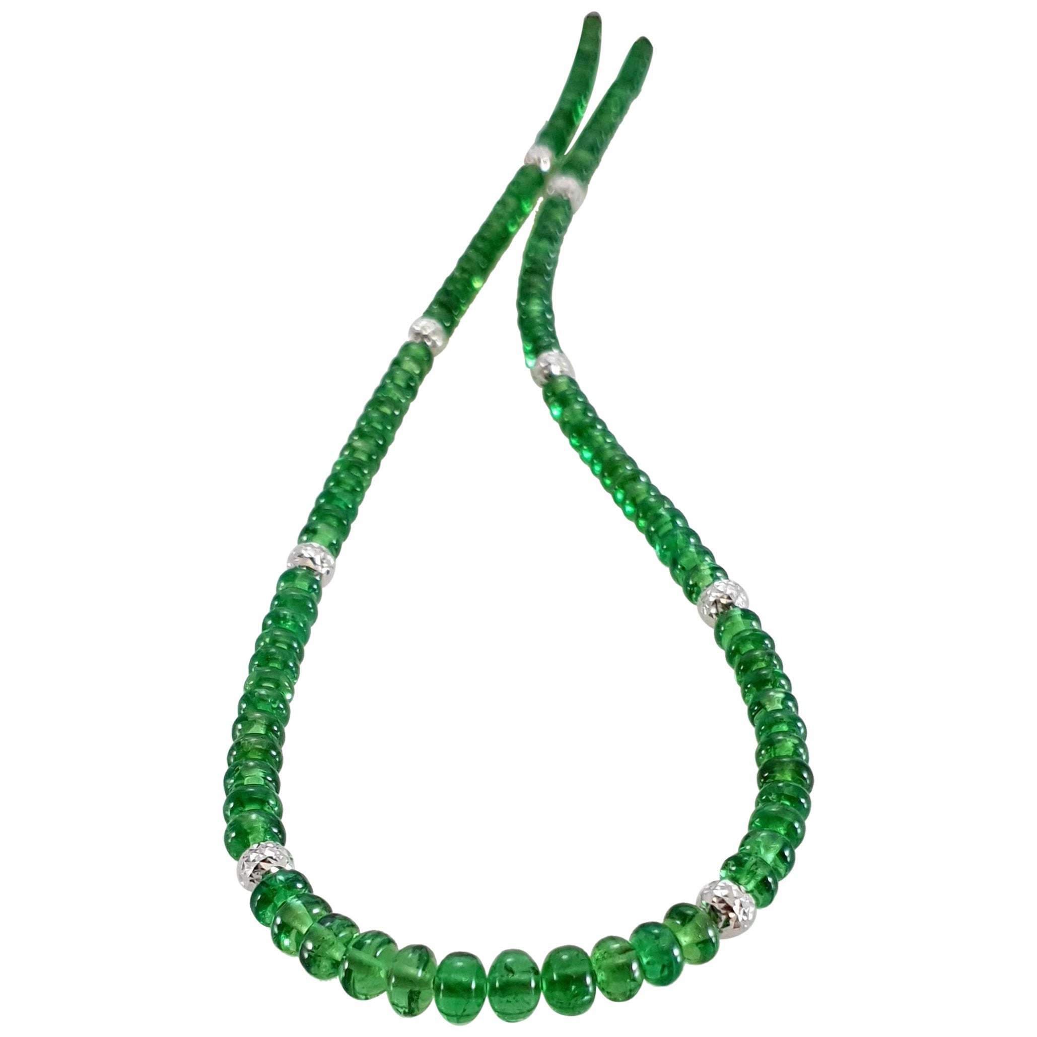 Bright Green Tsavorite Rondel Beaded Necklace with 18 Carat White Gold