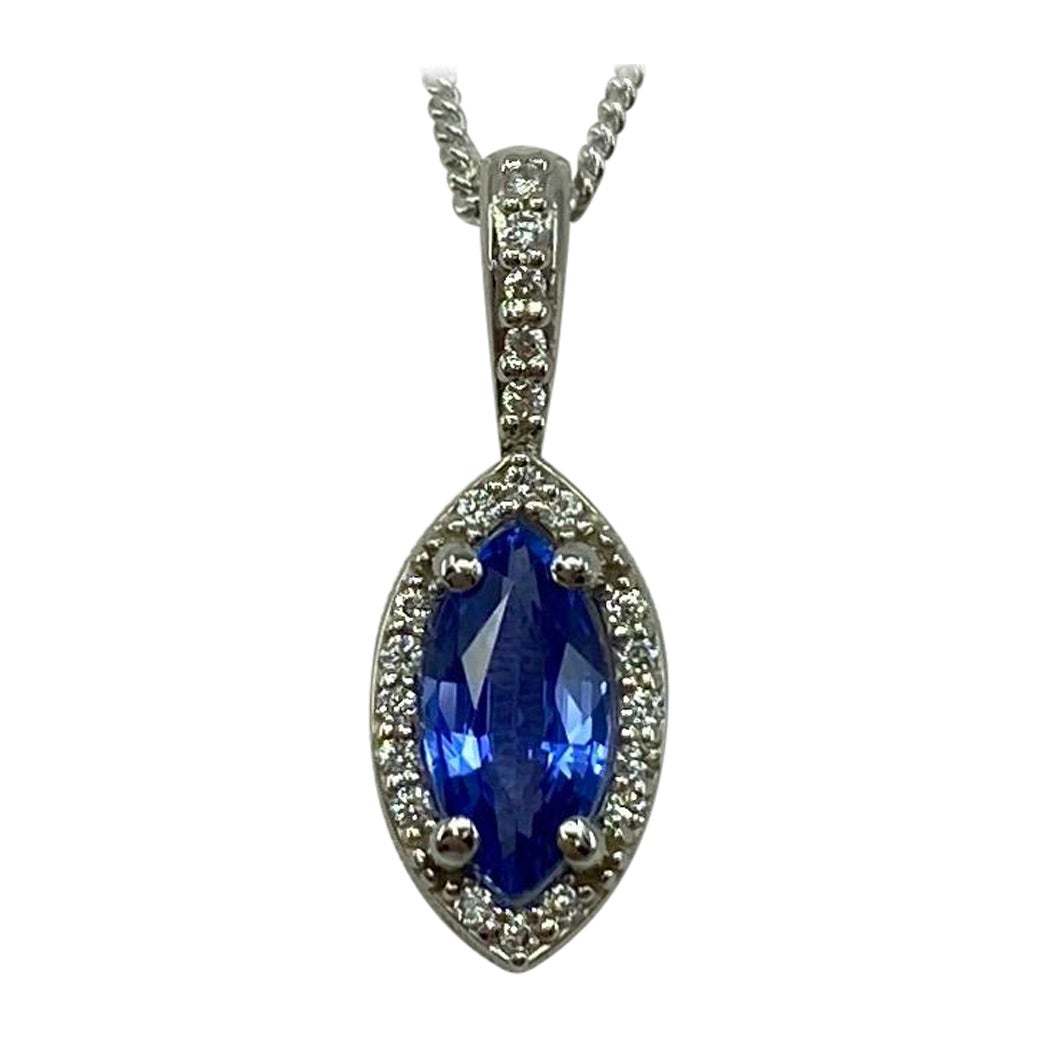 Fine Cornflower Blue Ceylon Sapphire & Diamond Marquise Platinum Halo Pendant
