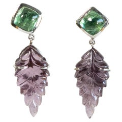 18 Karat White Gold Earring Set with Cabochons and Engraved Tourmalines