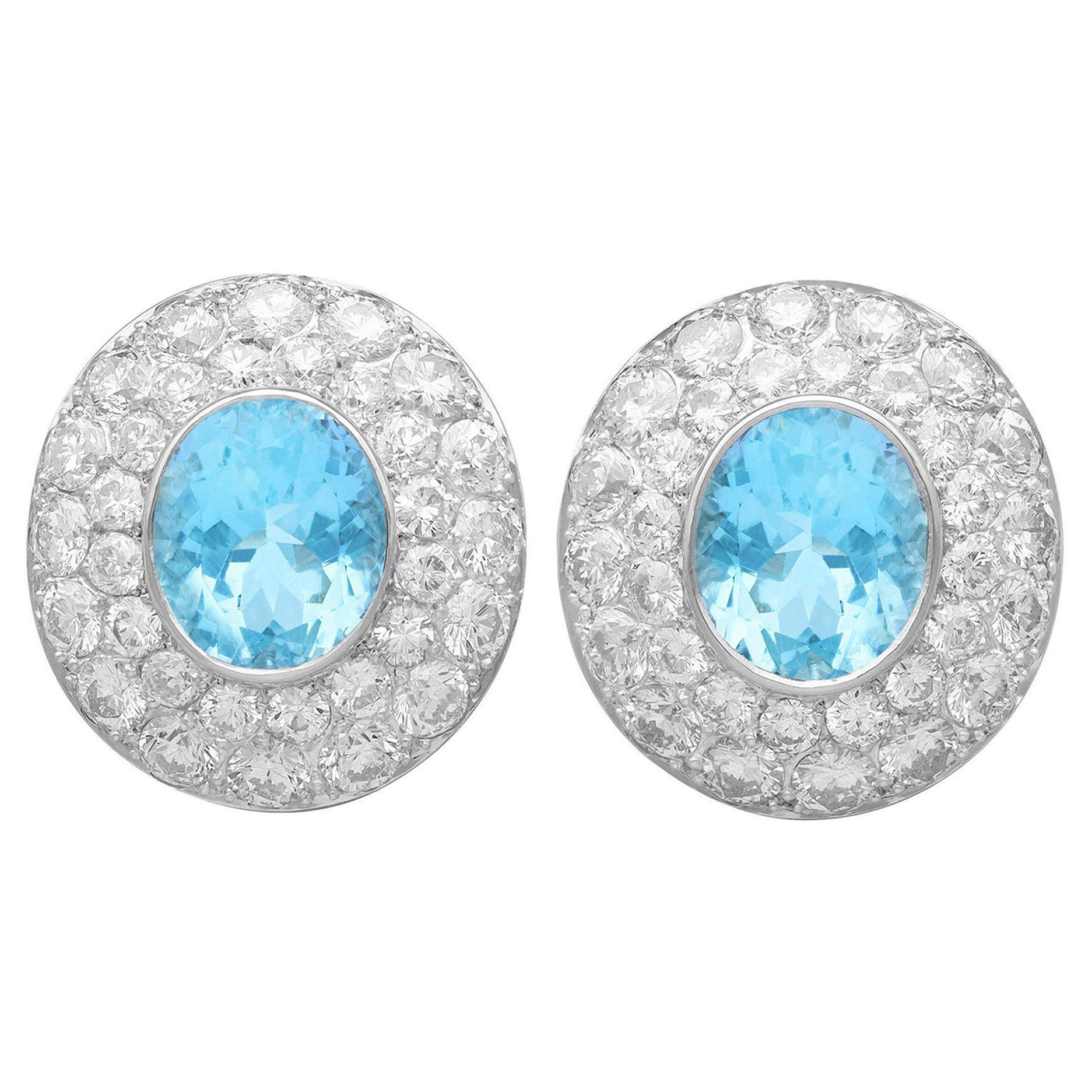 Vintage 9.06 Carat Aquamarine and 8.25 Carat Diamond Platinum Cluster Earrings For Sale