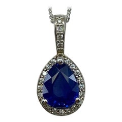 Fine Cornflower Blue Ceylon Pear Sapphire & Diamond 18k White Gold Halo Pendant