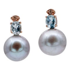 Gray Pearls, Diamonds, Aquamarine, 14 Karat Rose Gold Beaded Earrings