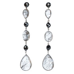 18K White Gold Chain Earrings Set with Rutilated Quartz and Black Diamonds