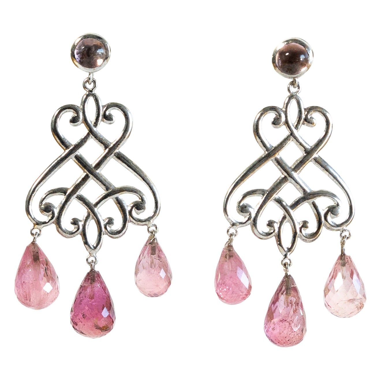 18K White Gold Chandelier Earrings Set with Tourmalines Cabochons and Briolettes