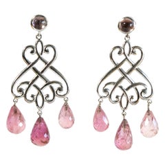 18K White Gold Chandelier Earrings Set with Tourmalines Cabochons and Briolettes