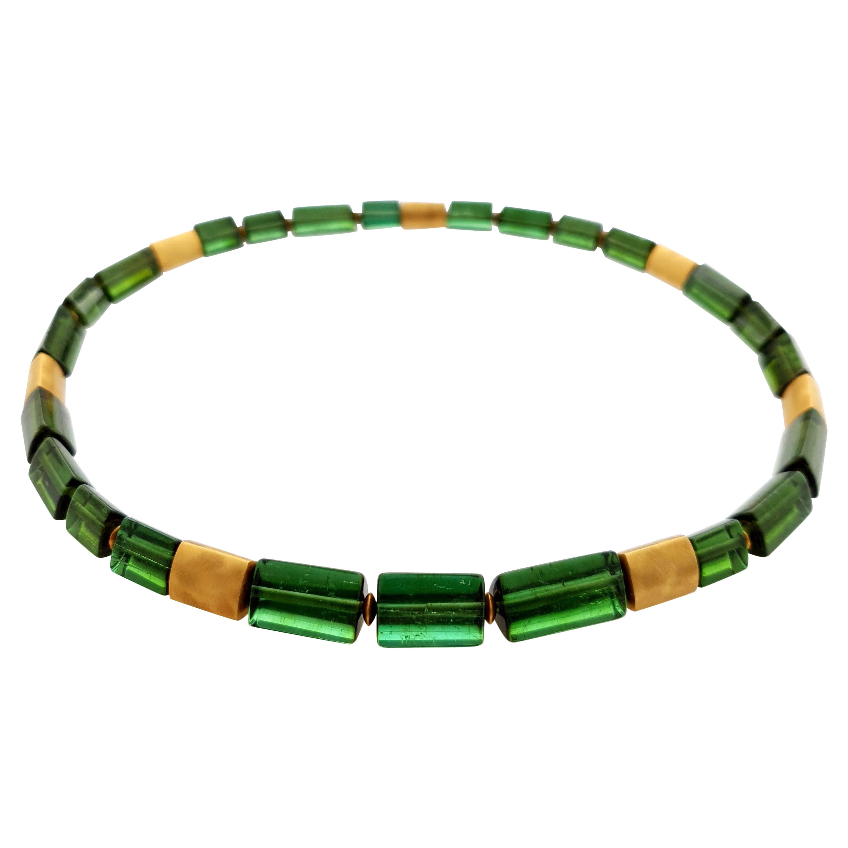 Intense Green Tourmaline Crystal Beaded Necklace with 18 Carat Mat Yellow Gold For Sale