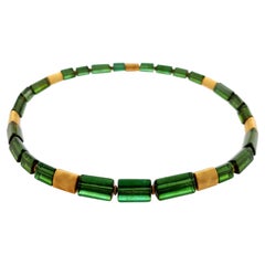 Intense Green Tourmaline Crystal Beaded Necklace with 18 Carat Mat Yellow Gold