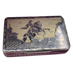 Antico 1841 Russo Argento Niello Tabacchiera Villaggio Fiume Cavaliere