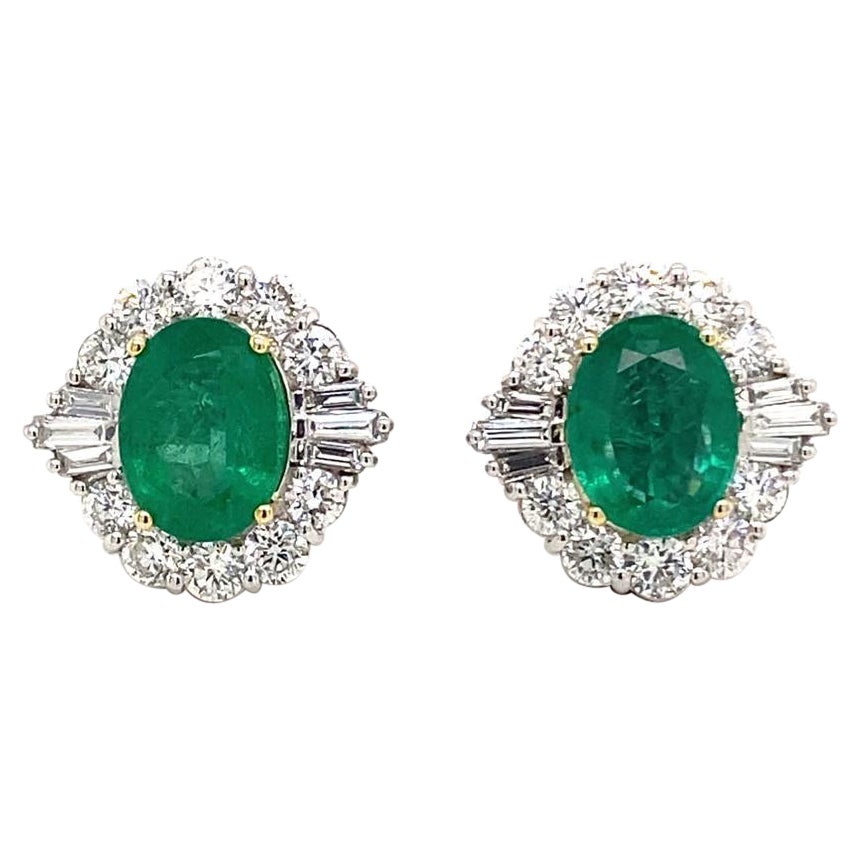Vintage Emerald and Diamond Platinum Cluster Earrings, Circa 1980 For Sale