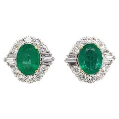 Vintage Emerald and Diamond Platinum Cluster Earrings, Circa 1980