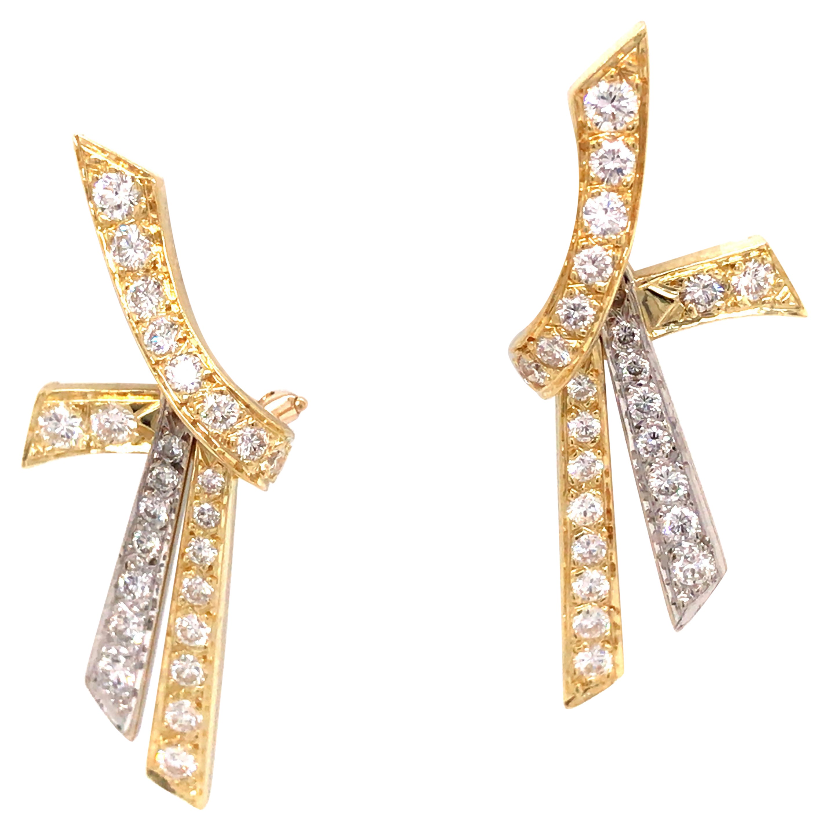 18K Two-Tone Gold Diamond Hanging Dangle Earrings For Sale