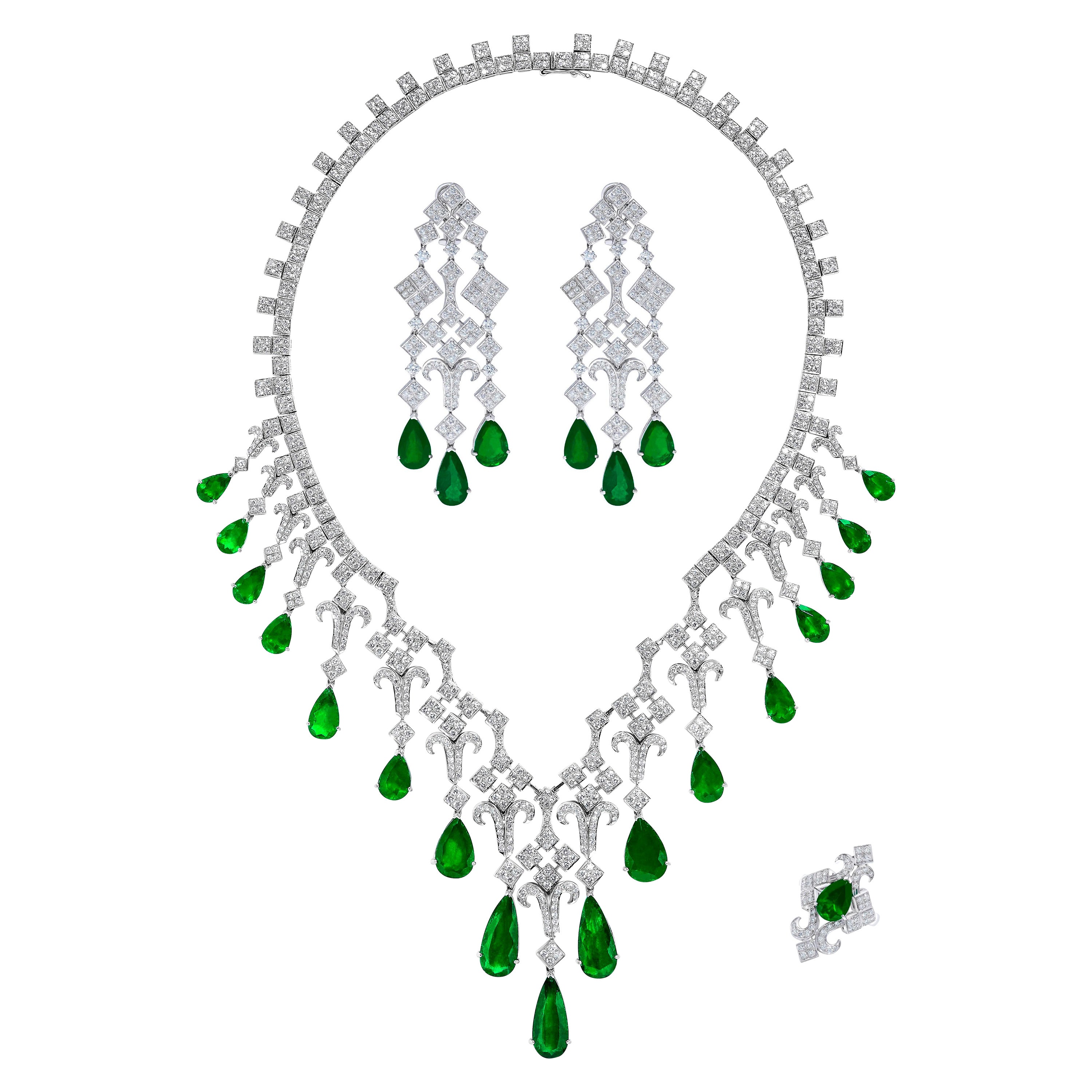 Emilio Jewelry Vivid Green 99.48 Carat Colombian Emerald Suite For Sale