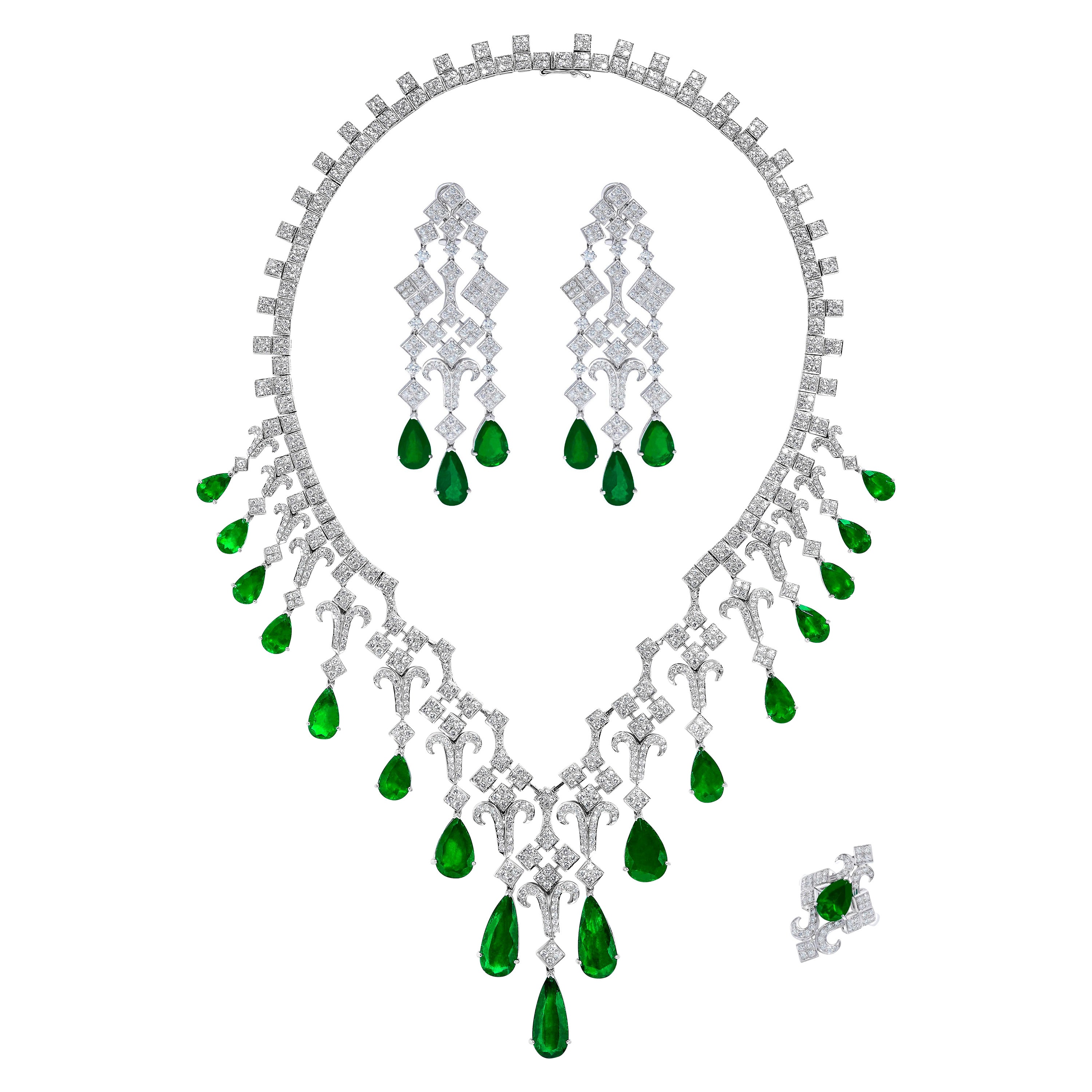 Emilio Jewelry Vivid Green 99.48 Carat Colombian Emerald Suite