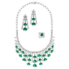 Used Emilio Jewelry 52.00 Carat Colombian Muzo Vivid Green Emerald Suite