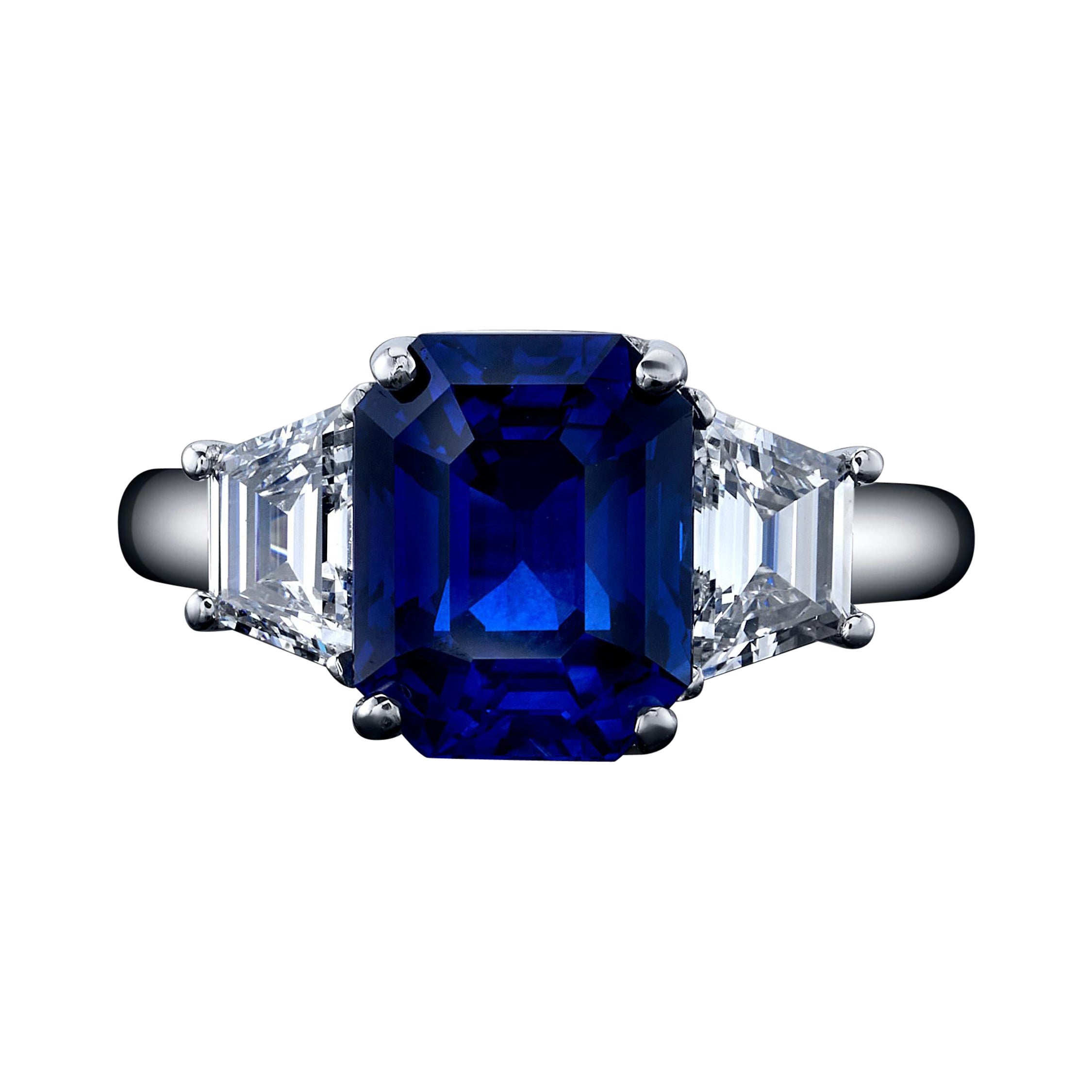 CDC Certified 4.70ct Radiant Blue Sapphire & Diamonds Ring For Sale