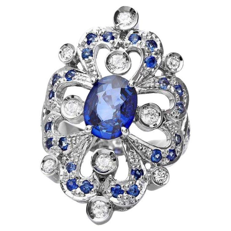 3.00 Carats Natural Blue Sapphire and Diamond 14K Solid White Gold Ring