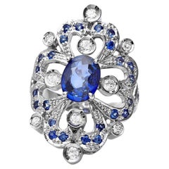 14 Karat massiver Weißgold Ring mit 3,00 Karat natürlichem blauen Saphir und Diamant