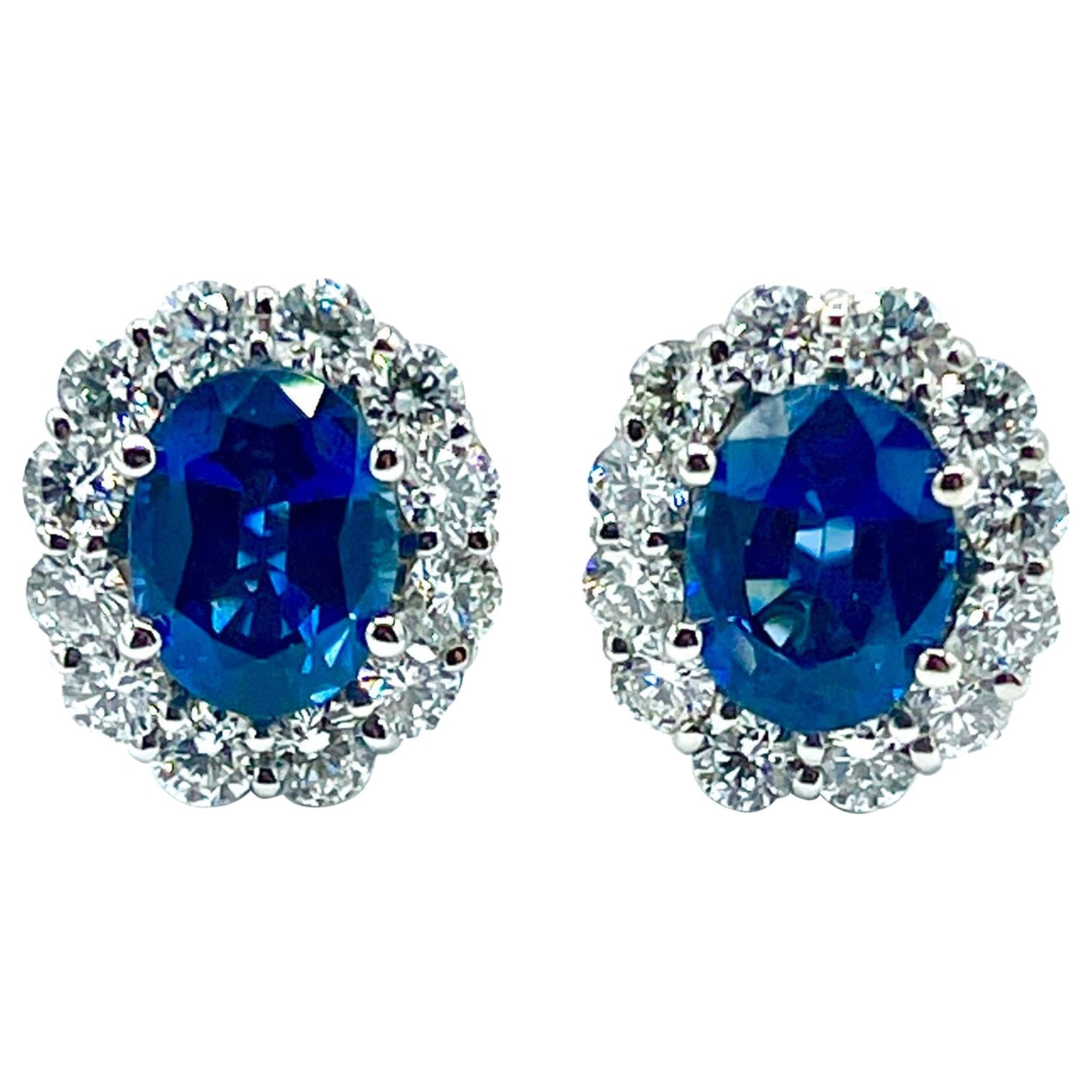 3.16 Carat Oval Sapphires and Round Brilliant Diamond White Gold Stud Earrings