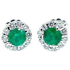 0.75 Carat Round Emerald and Diamond White Gold Stud Earrings