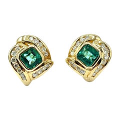 1.80 Carat Muzo Mine Colombian Emeralds and Diamond 18K Gold Earrings
