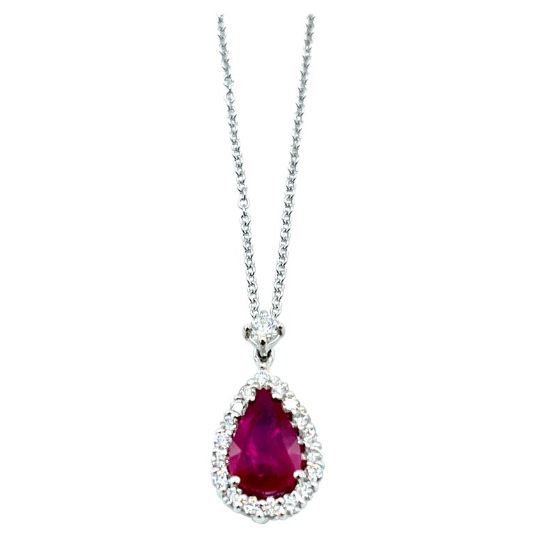 1.27 Carat Pear Shape Ruby and Diamond Platinum Pendant Necklace For Sale
